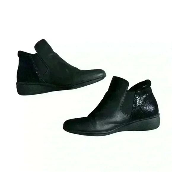 Revere Damascus Leather Shimmer Onyx Black Lizard Demi Wedge Side Zip Booties 6M - Picture 8 of 12